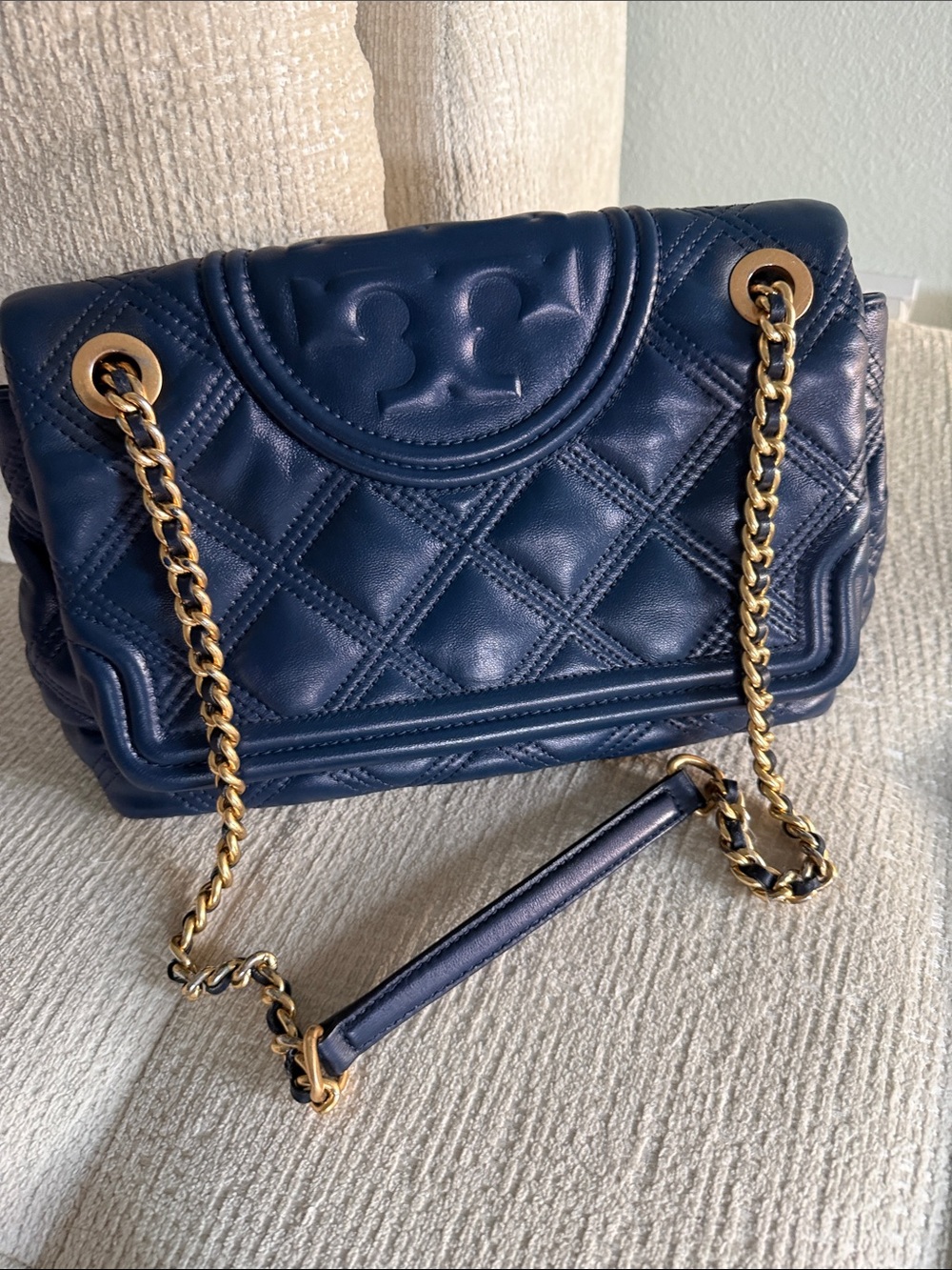 Tory Burch fleming soft convertible shoulder Bag Leather Quilted Chain Dark Blue - Picture 14 of 16